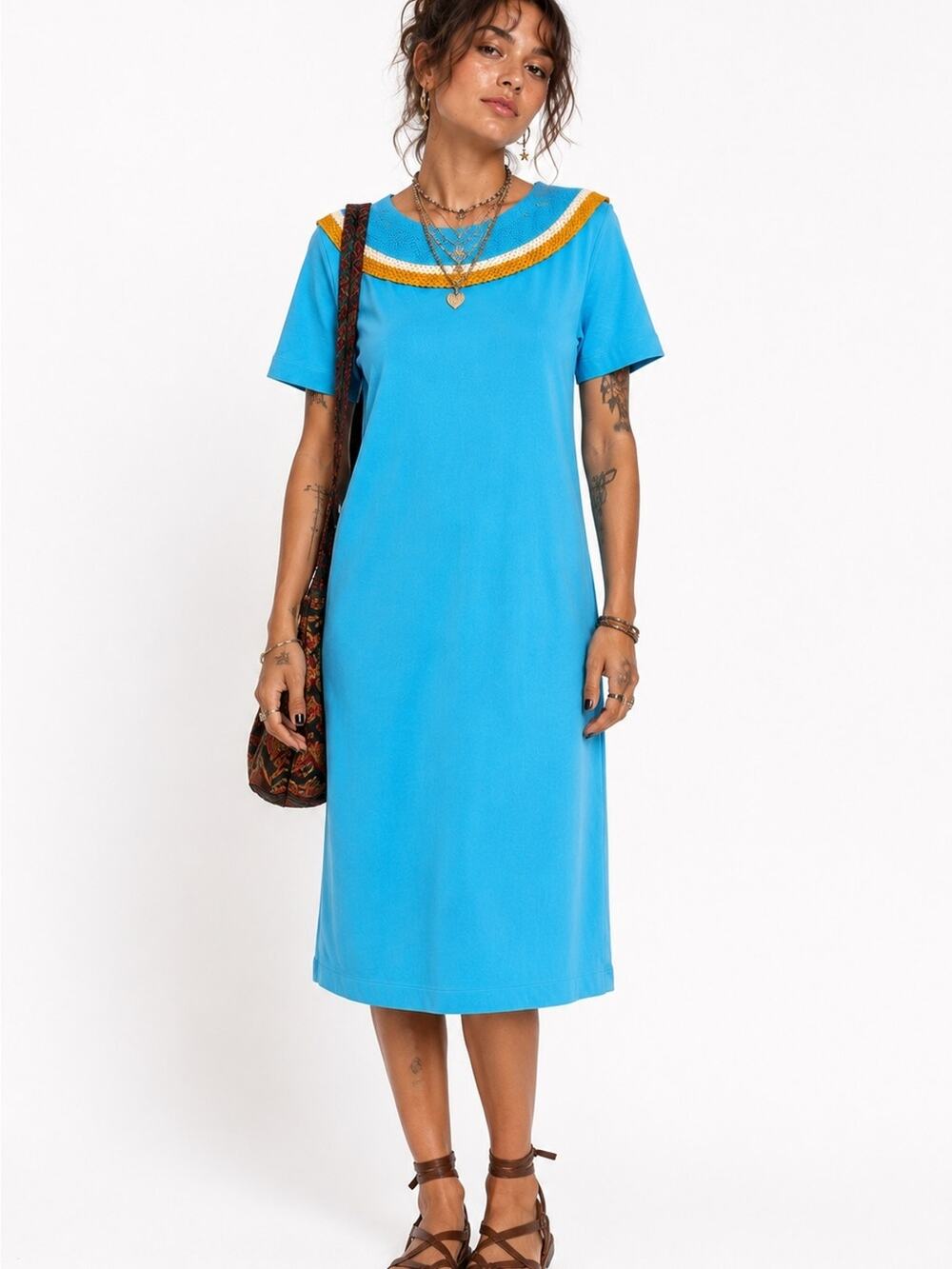 Vintage Handmade Turquoise Maxi Dress Crochet Collar Mod Boho Cottagecore XL